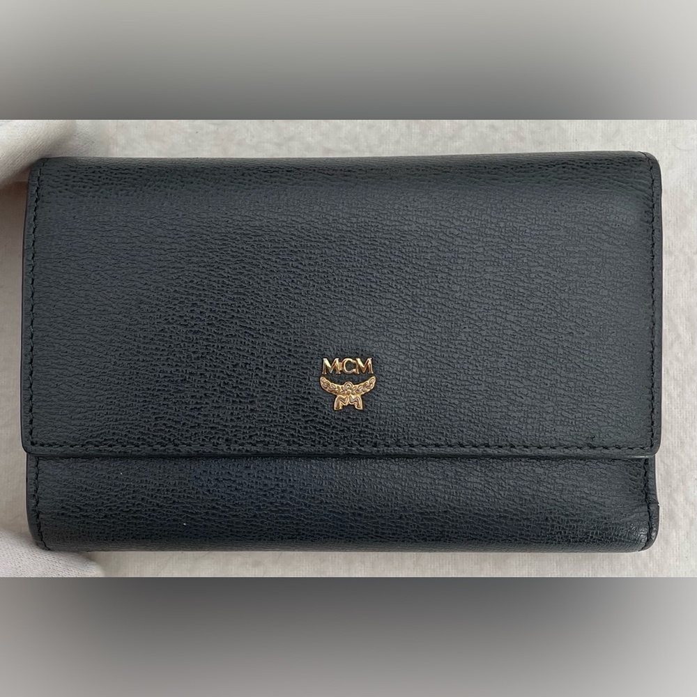 MCM Authentic Blue-Grey Leather Wallet with Pink Interior and Gold Emblem